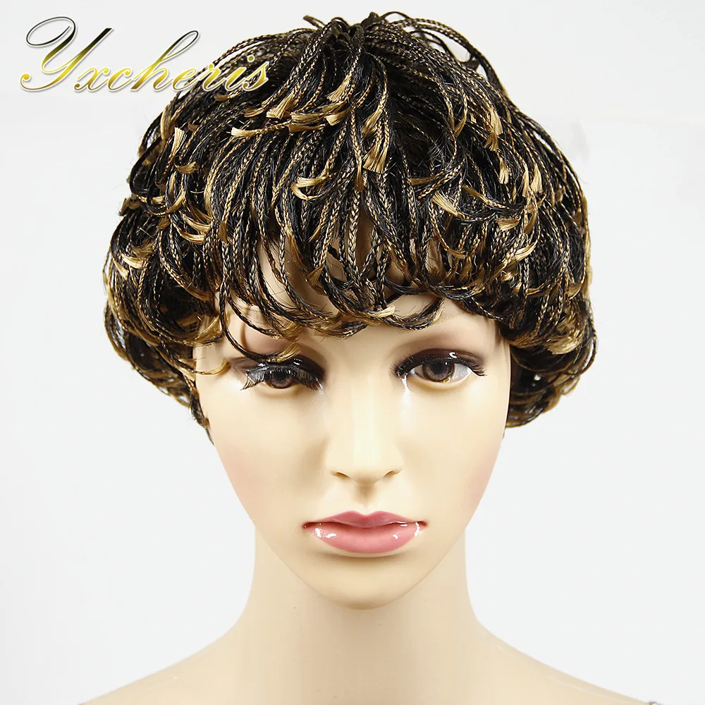 

YXCHERISHAIR Short Synthetic Braided Box Braids Wig with Bangs Swiss Lace Heat Resistant Mixed Color Black Brown Blond for Women