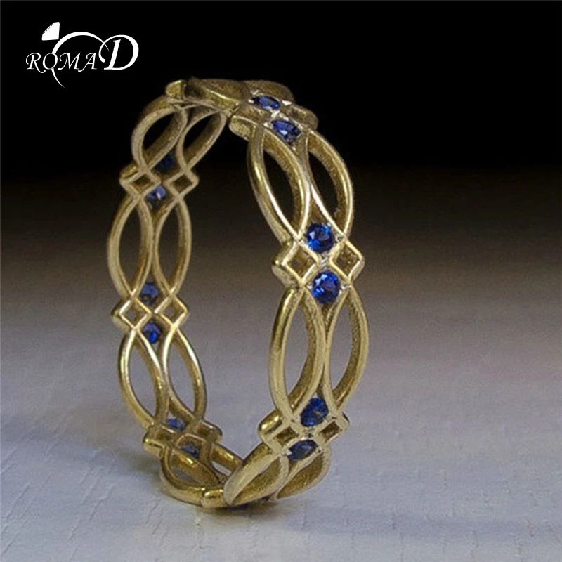 

ROMAD Vintage Rings for Women Blue Crystal finger ring Size 10 Party ring AAA CZ Gold Color Wedding Ring bague femme R4