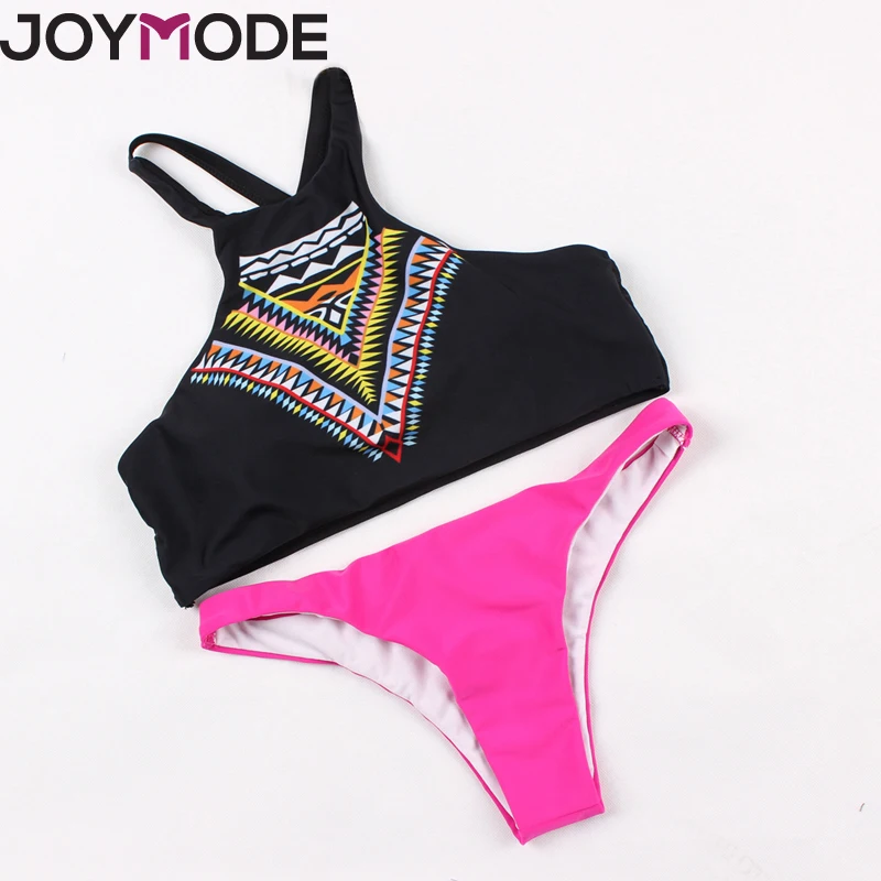 

JOYMODE New Sexy Triangle Bra High Neck Bikini Set Print Women Swimwear Bikinis Crop Top Biquini Swimsuit Bathing Suit Push Up-D