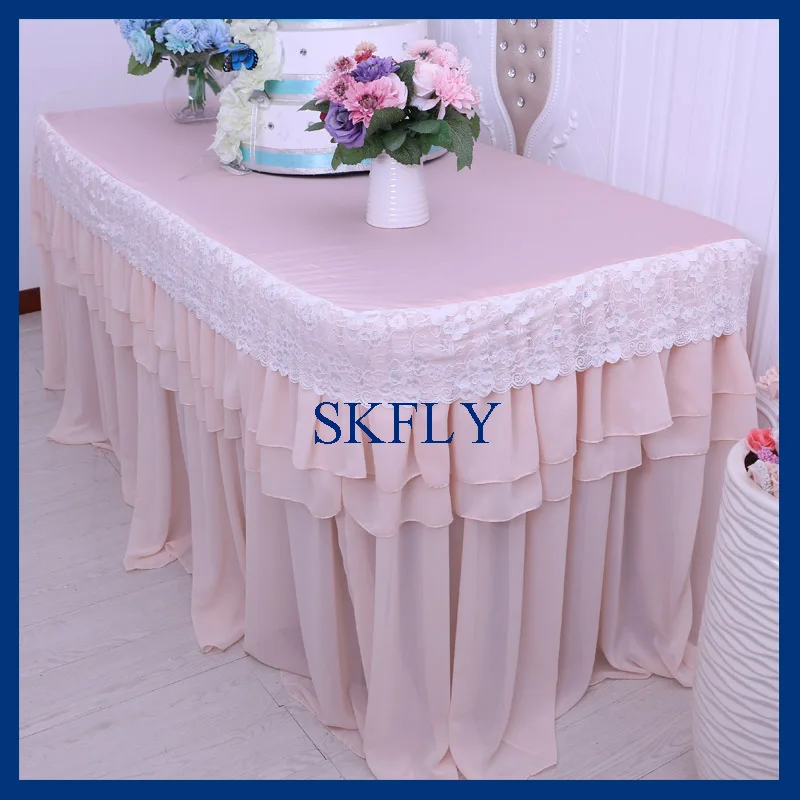 

CL034A New wedding 6ft rectangle 30'' wide, 72'' long, 30'' drop, blush pink chiffon table cloth with lace