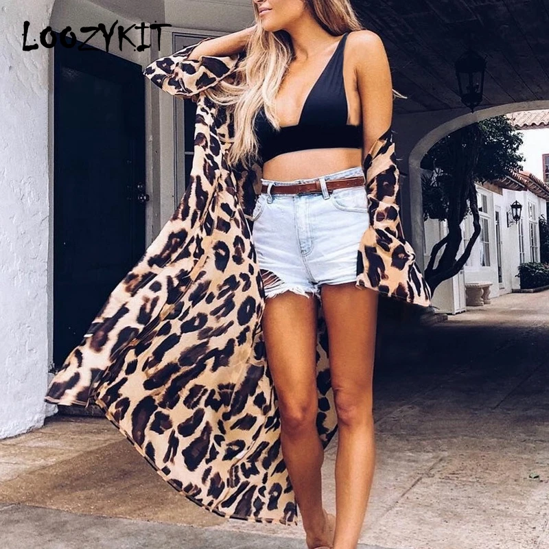 

Loozykit Women's Bathing Suit Cover Up Summer Leopard Print Beach Tunic Chiffon Bikini Beach Cover Up Swimwear For Female