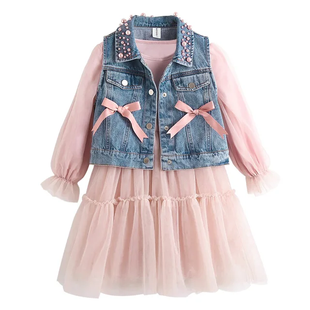 Cowboy Jackets Girls Dress New Spring Long Sleeves Pink Lace Dress Kids Dresses For Girls Autumn Clothing Party Princess Costume 6