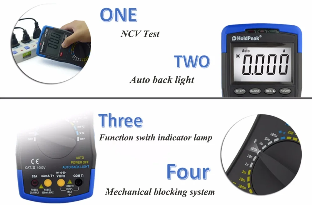 HoldPeak HP-770HC True RMS Автоматический зонд Цифровой мультиметр с NCV+ HP-605A Зажим адаптер 600A AC/DC Ток Мощность СВЕТОДИОДНЫЙ 45 мм