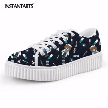 

INSTANTARTS Nurse Printed Women Spring Flat Shoes Bear Doctor Design Lace Up Platform Shoes Fashion Breathable Sneakers Shoes