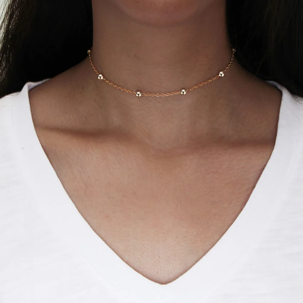 

Simple Choker Chain Necklace Women Gold Silver Color Adjustable Copper Beads Clavicle Charm Necklaces for Women Jewelry
