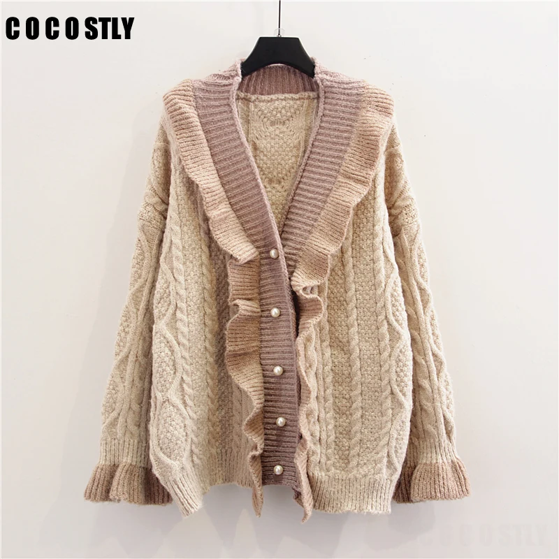 

2019 Autumn Winter Sweater Cardigans Ruffles Knit Coat Open Stitch Sweater Poncho Oversized Jacket Twisted Loose Cadigans