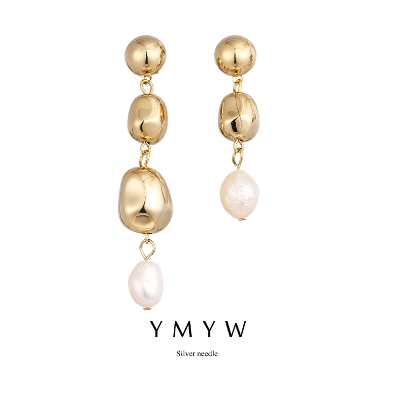 

YMYW Korean Fashion Zinc Alloy Irregular Dangle Drop Earrings Gold Beads Freshwater Pearls Stylish Charms Brincos Bijoux Jewelry