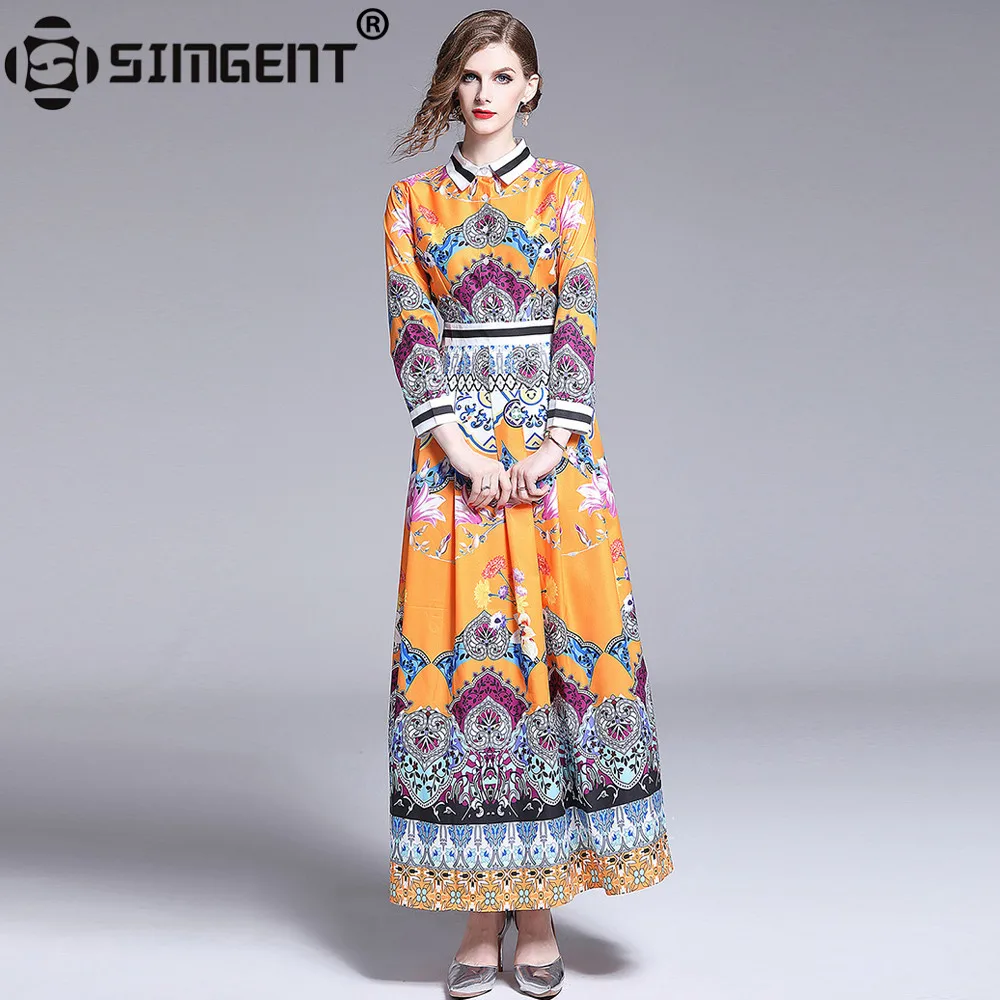 

Simgent Maxi Dress 2019 New Arrival Autumn Womens Long Sleeve Fit and Flare Elegant Party Slim Printing Dress Vestidos SG97123