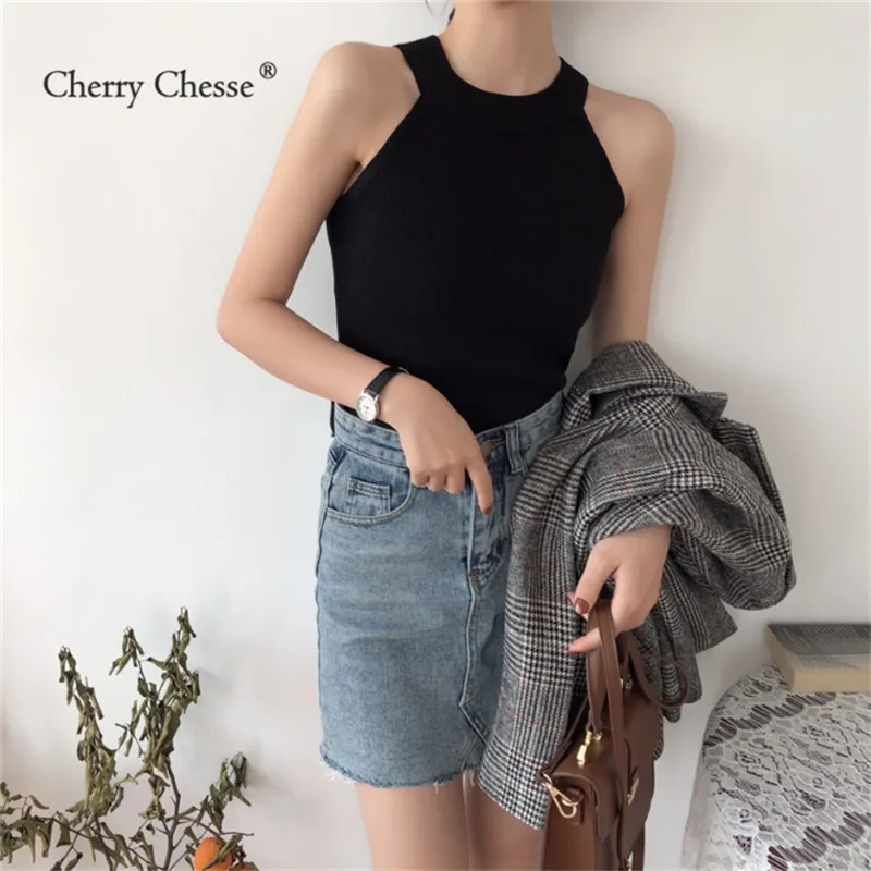 Cherry Chesse Sexy Solid Women Tank Tops Slim Female Camis | Женская одежда