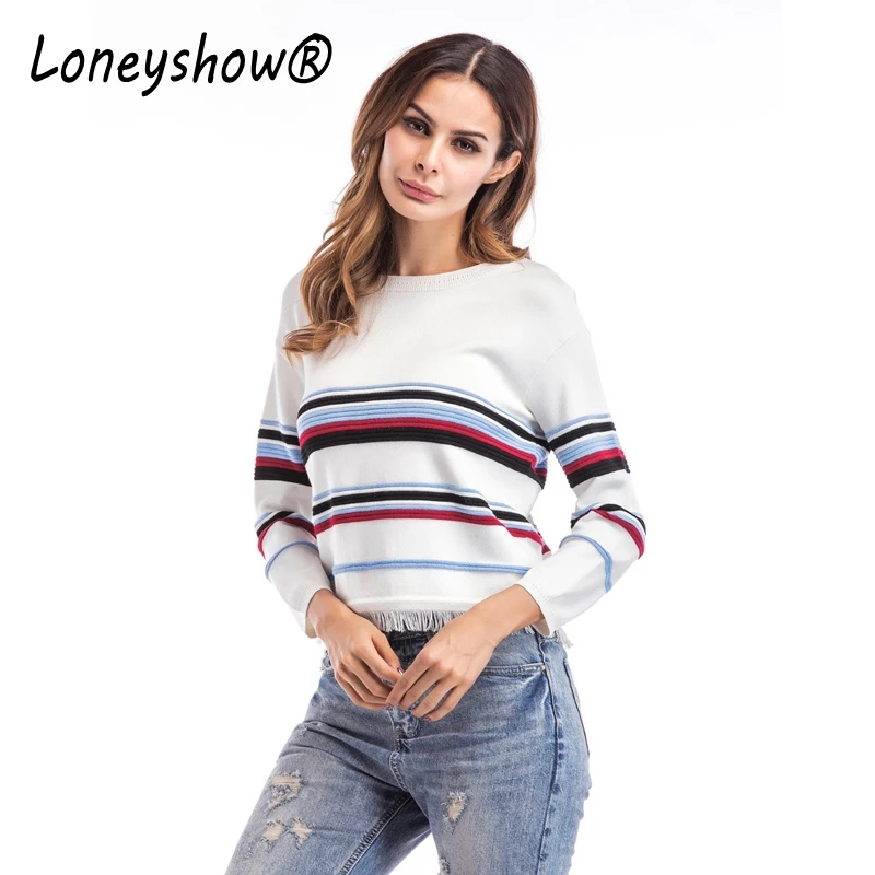 Loneyshow Новые осенне-зимние женские свитера 2017 Повседневный Полосатый кисточкой