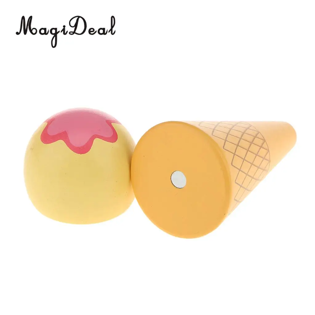 MagiDeal High Simulation 1Pc Wooden Magnet Connected Ice Cream Cone Food for Kids Pretend Play House Kitchen Squishy Toy 2Colors