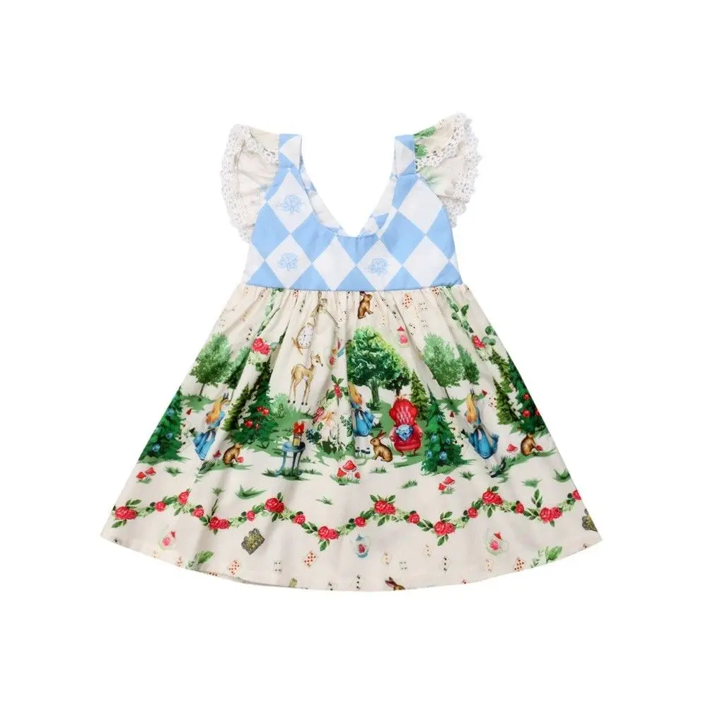 

Toddler Kids Baby Girls Cartoon Diamond Mosaic Cartoon Flying Sleeve Floral Dress Princess Party Dresses