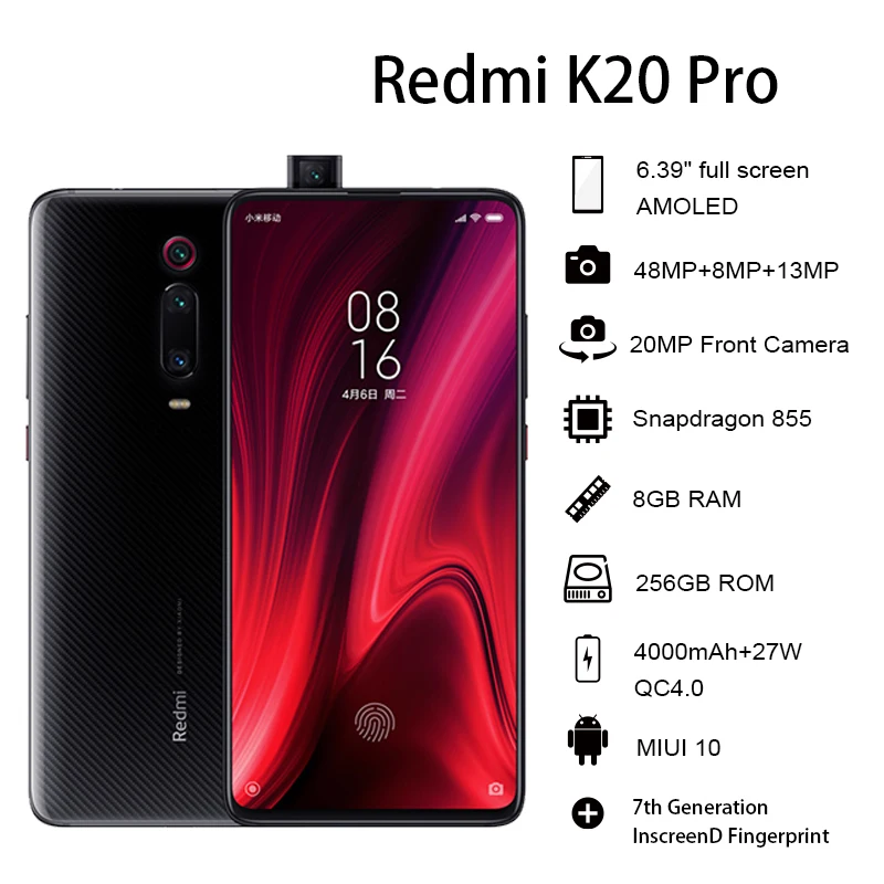 Глобальная прошивка Xiaomi Redmi K20 Pro 8GB 256GB Смартфон Snapdragon 855 Octa Core 48+ 20 Мп Камера 6,3" AMOLED Полный Экран 4000 мА-ч