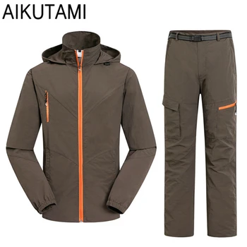

Outdoor Hiking Jacket Men Sport Suit Windproof Quick Dry Zipper Hooded Sport Jackets Pants Fishing Hunting Clothes Hiking Set