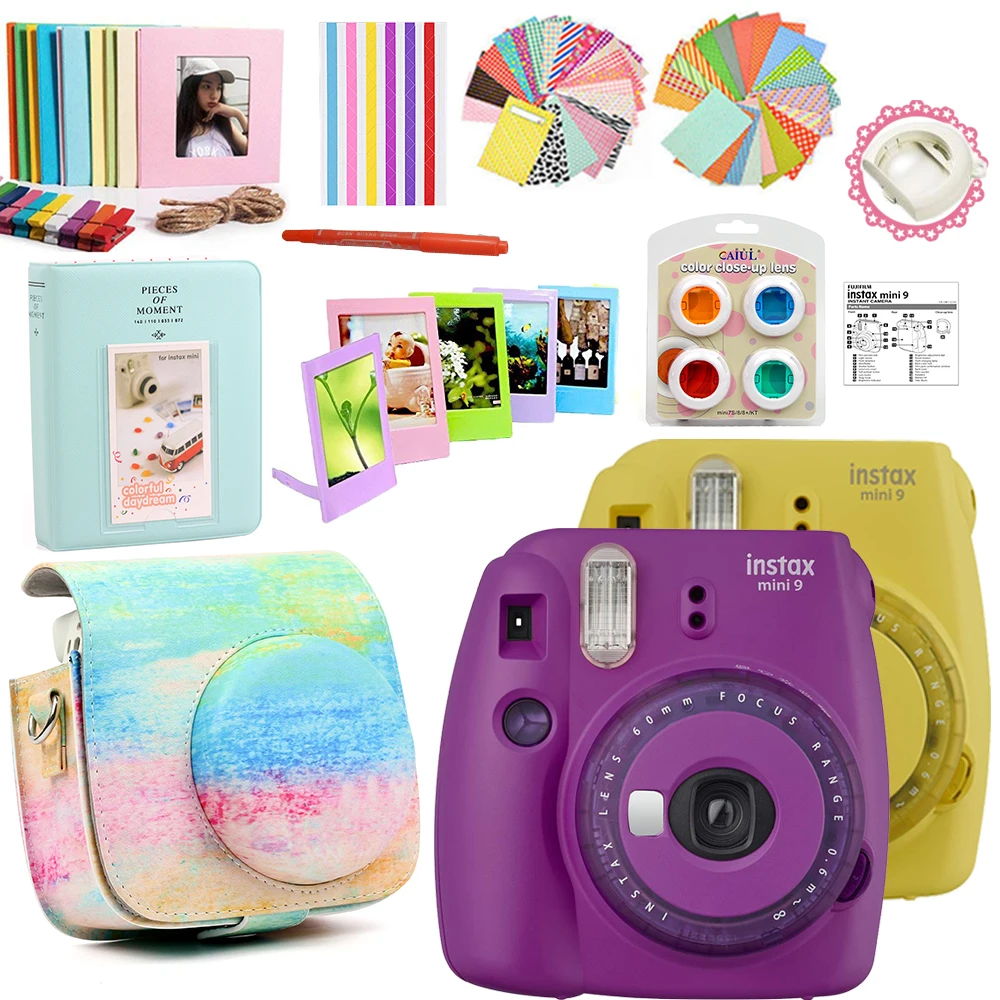 Fujifilm instax Mini 9 камера фиолетовый/розовый/желтый с 50 листов instax mini ФОТО/13 в 1 комплект аксессуаров чехол сумка