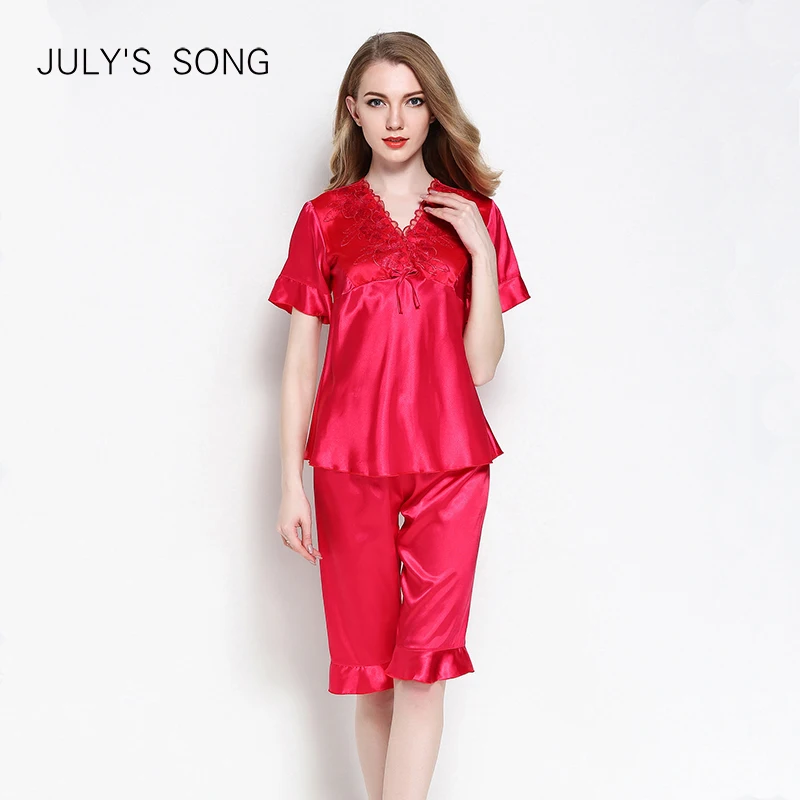 

JULY'S SONG 2 Pieces Women's Faux Silk Pajamas Summer Sleepwear Set Short-sleeved Pants V-neck lace New Female Homewear Suit