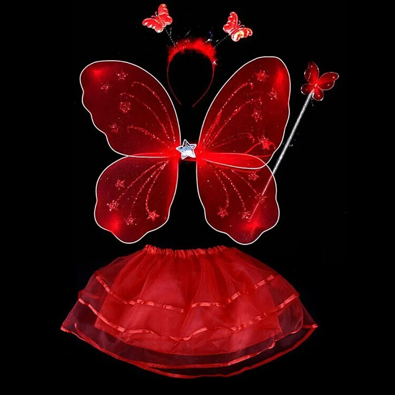 Детский костюм сказочной принцессы для девочек из 4 предметов яркая одежда для сцены юбка-пачка с крыльями бабочки и повязкой на голову - Цвет: Красный