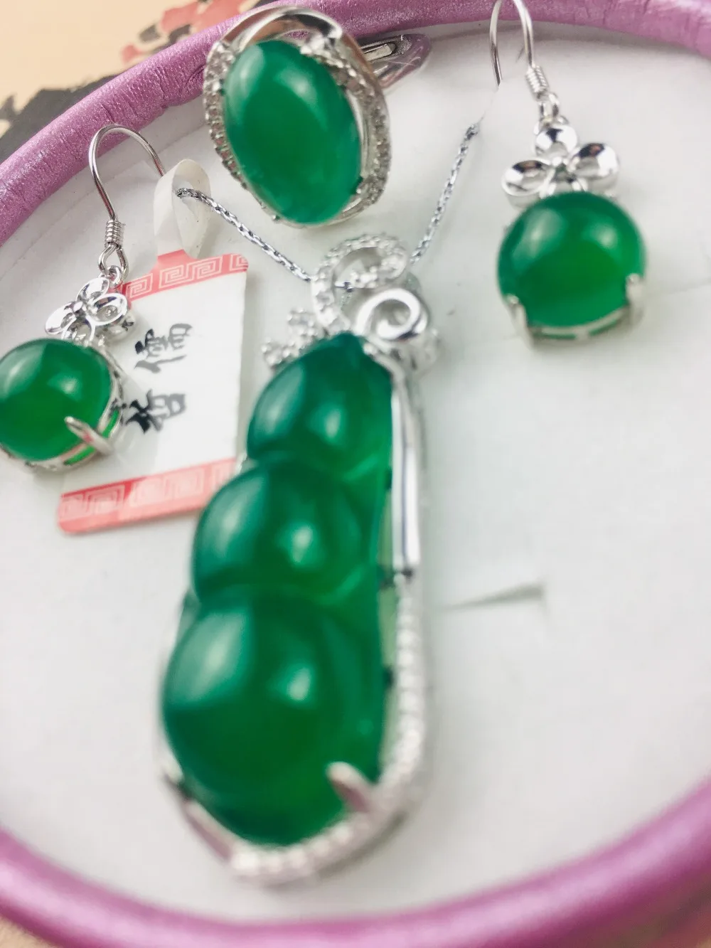Zheru ювелирные изделия 925 Серебро инкрустированные природный зеленый халцедон горох кулон, ожерелье, элегантные кольцо серьги набор