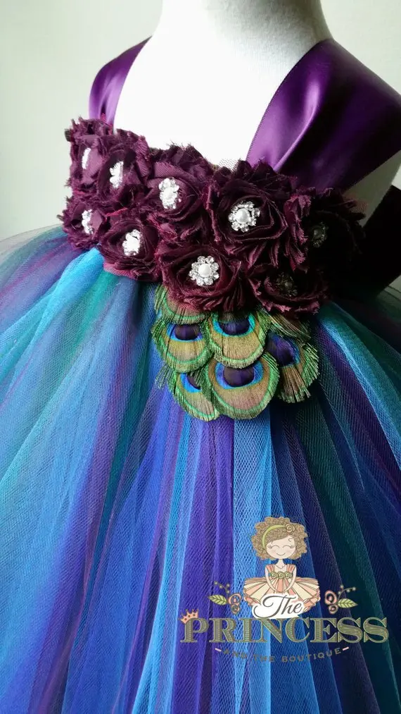 

POSH DREAM Peacock Flower Girl Dress Handmade Tulle Flower Peacock Vintage Flower Girl Kids Tutu Dress Eggplant Baby Tutu Dress