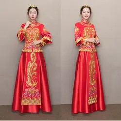 Невеста Cheongsam Винтаж китайский Стиль свадебное платье ретро тост Костюмы Леди Вышивка Феникс платье брак Qipao красная одежда
