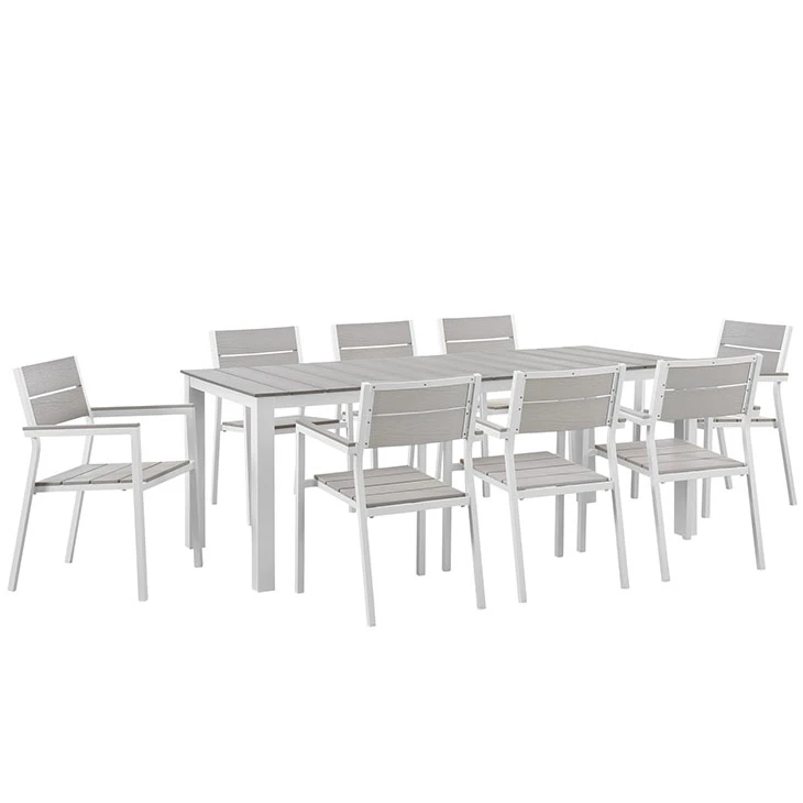 Maine 9 Piece Outdoor Patio Dining Set, White Light Gray (1)