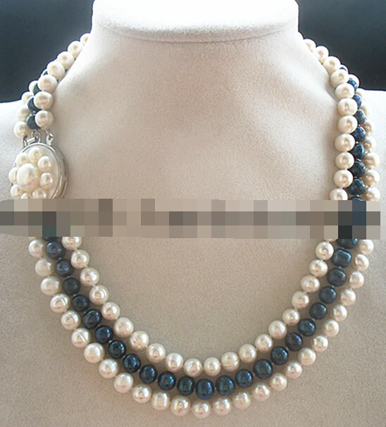 

08149 3rows freshwaetr pearl black white round necklace