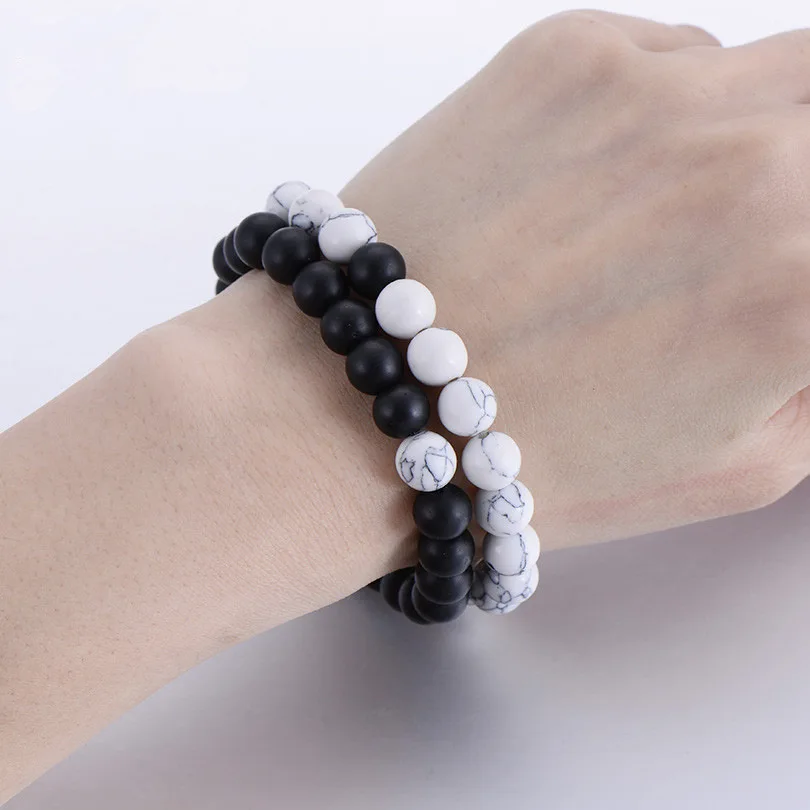 

2Pcs/Set Couples Distance Bracelet Classic Natural Stone White and Black Yin Yang Beaded Bracelets for Men Women Best Friend Hot