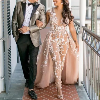 

Fashion Evening Gowns JumpPants abendkleider Formal Dress Prom Party Gowns Capped Sleeves Long Evening Dresses Appliques abiye