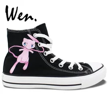 Вэнь Черный мультфильм ручная роспись обувь дизайн пользовательские Покемон Карманный Монстр Mew высокие аниме мужские женские парусиновые кроссовки
