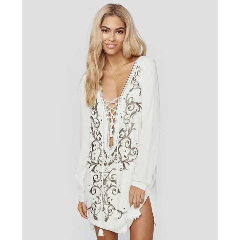Stunning Tunic Style Shirt A Plunging Lace Up Neckline Bell Sleeves Embroidered Hem Contrast Bathing Suit Shirt L38343 (2)