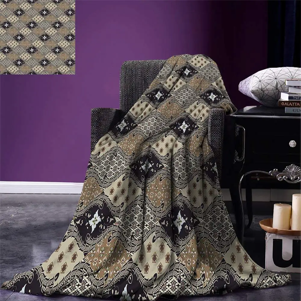 

Asian Throw Blanket Indonesian Javanese Style Batik Pattern Wavy and Floral Design Old Fashioned Tile Warm Microfiber