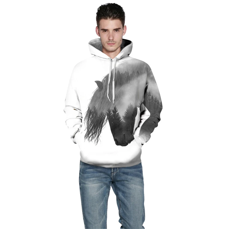 Unisex Pullover Tracksuit Mens Hoodies 3D Print Forest Tree Swift Horse Casual Tops With Cap White Hooded Sweatshirt Men/Women