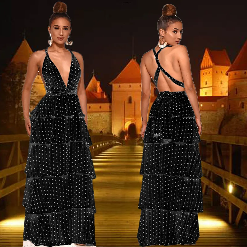 

Party Night Polka Dot Dresses Summer Spaghetti Strap Dress Women Backless V-neck Black White Multi Ruffles Long Maxi Clothing