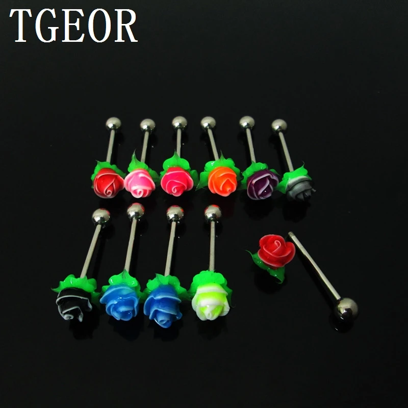 

free shipping Hot wholesale 200pcs silicone DOUBLE COLOR flower mixed 10 colors piercing barbell tongue ring