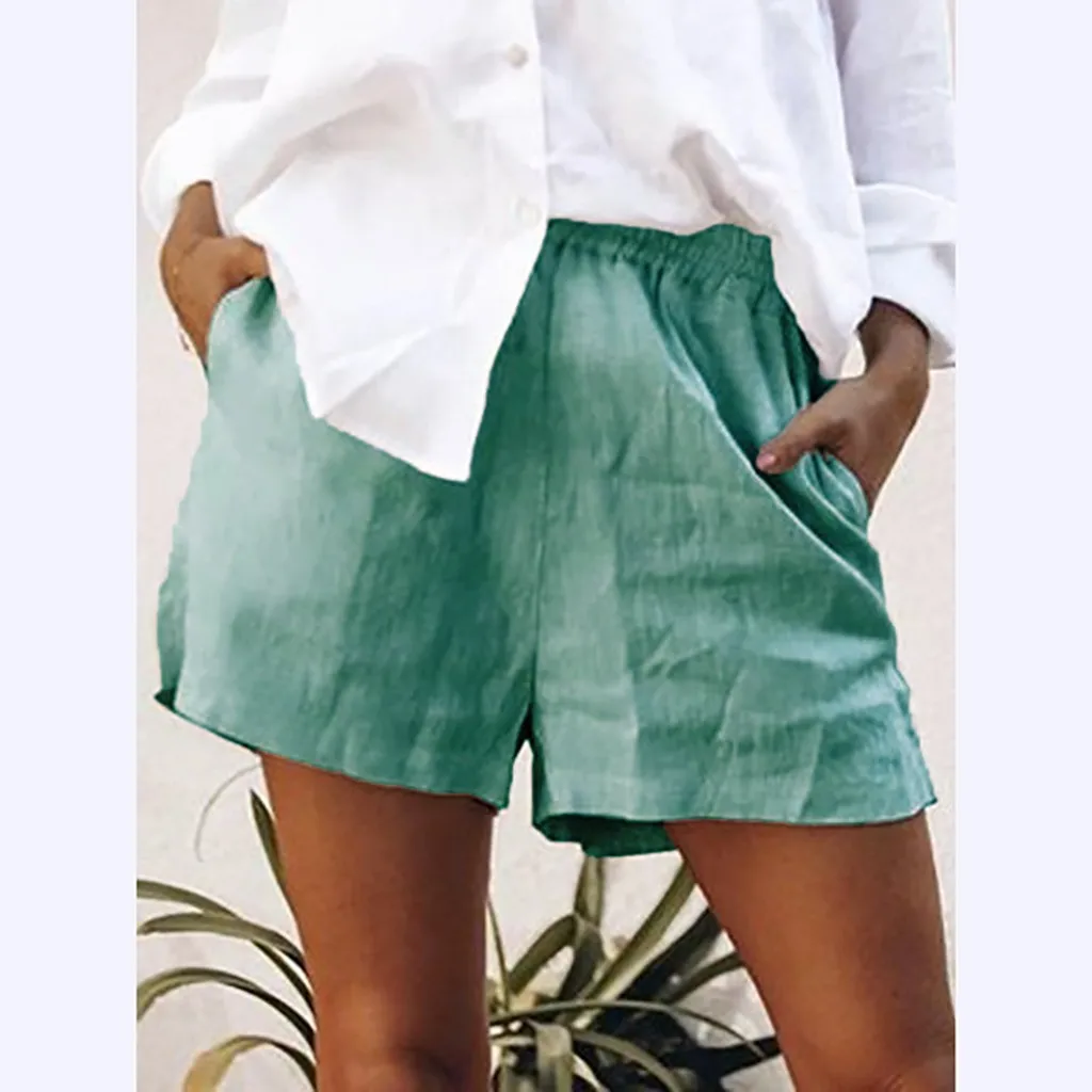 Женская мода сплошной цвет хлопок лен эластичные короткие размера плюс S-5xl шорты