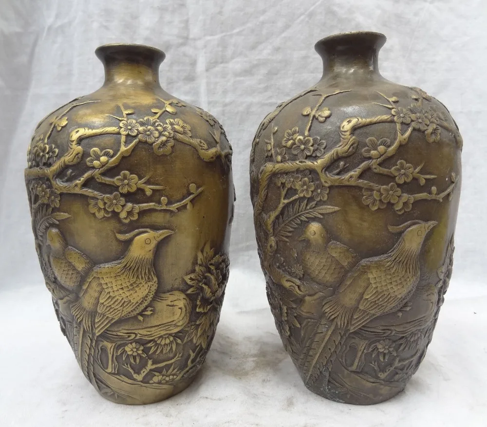 

S07177 8" Chinese Pure Bronze 2 Magpie Bird Pine Tree Statue HanZi Flower Pot Vase Pair