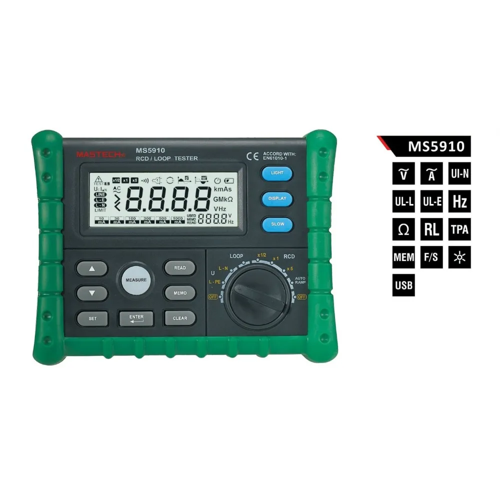 

MASTECH MS5910 RCD/Loop Resistance Tester Circuit Trip-out Current/Time Detector with USB Interface