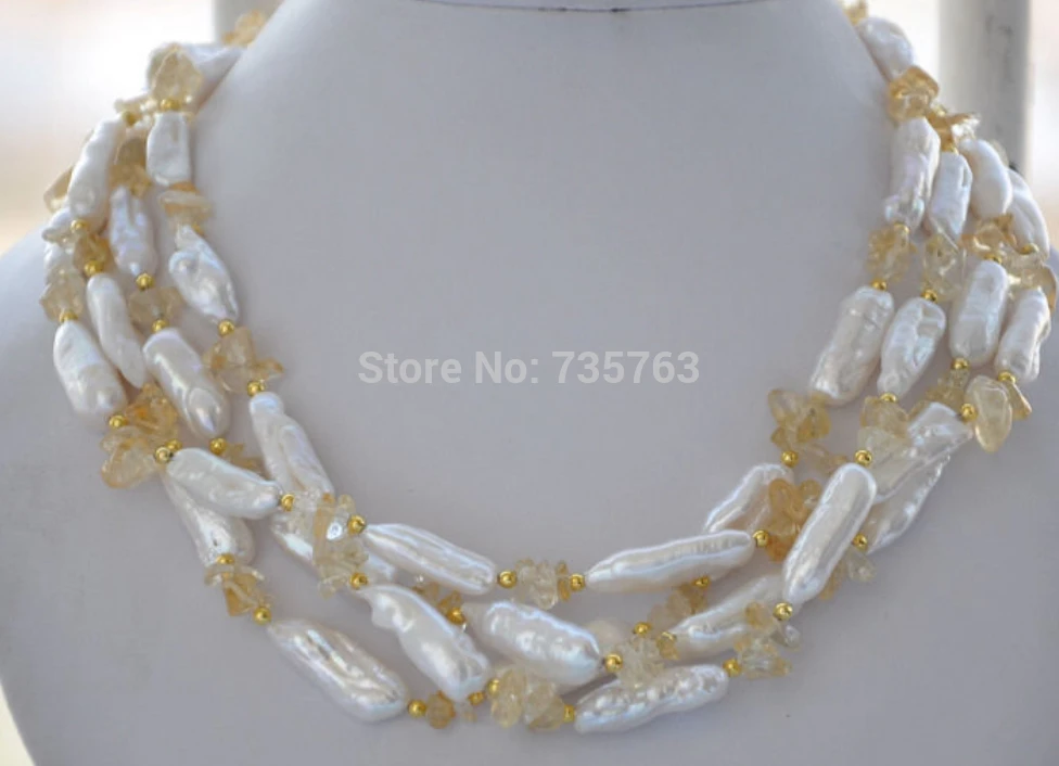 

HOT N965 4strands 23mm white biwa freshwater pearl yellow crystal necklace