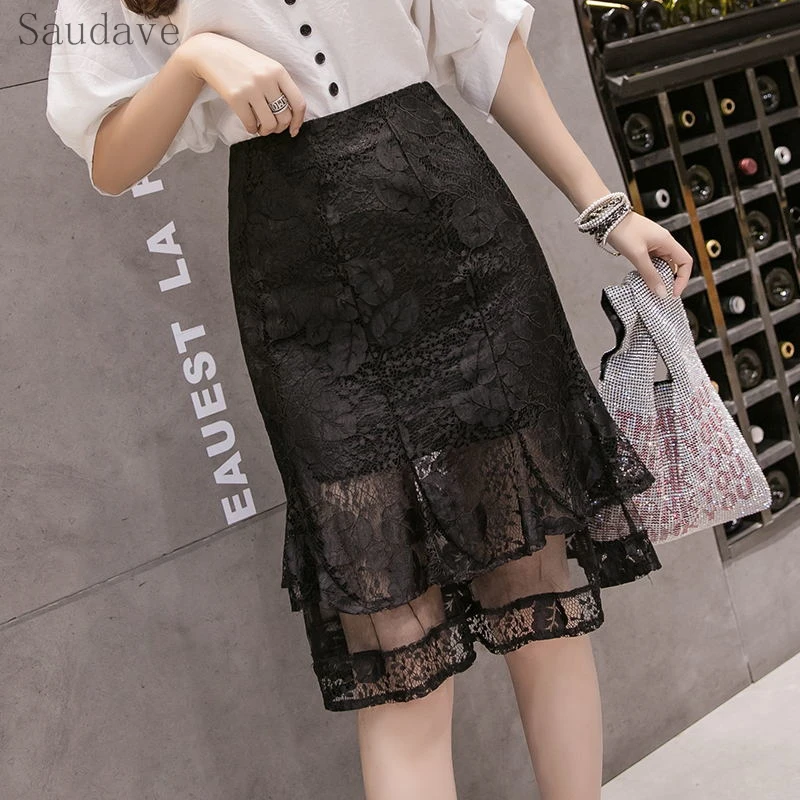 Women Skirt Fashion Spring Summer Skirts Womens Office Lady Elegant Lace Skirt High Waist A Line Knee Length Skirt Jupe Femme