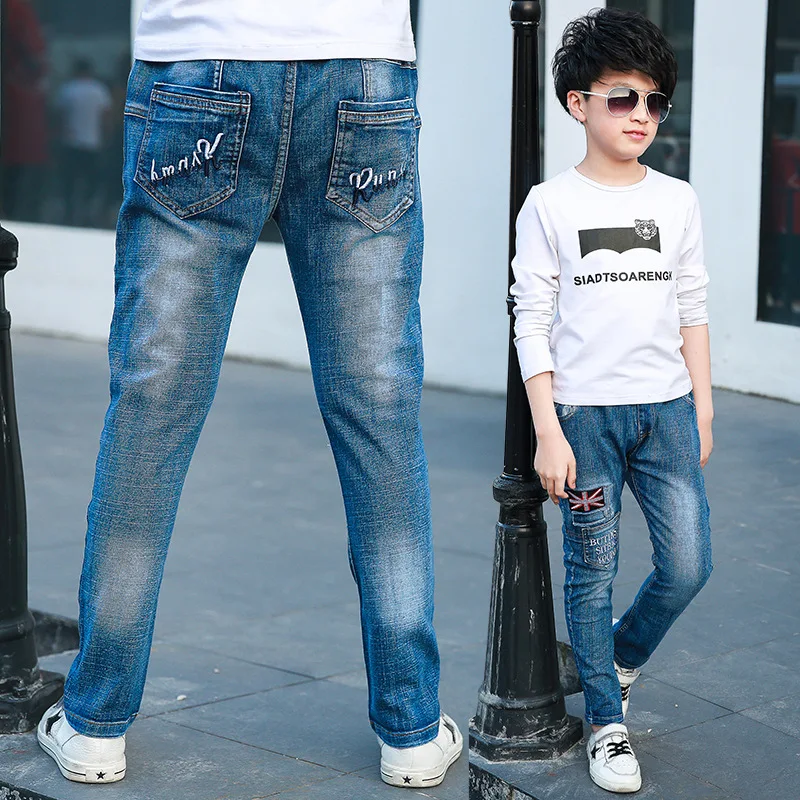 3 Baby Boys Jeans Denim Pants Kids Trousers Teens Applique Letters Embroidered Solid Spring Casual Elastic Waist Children Clothing