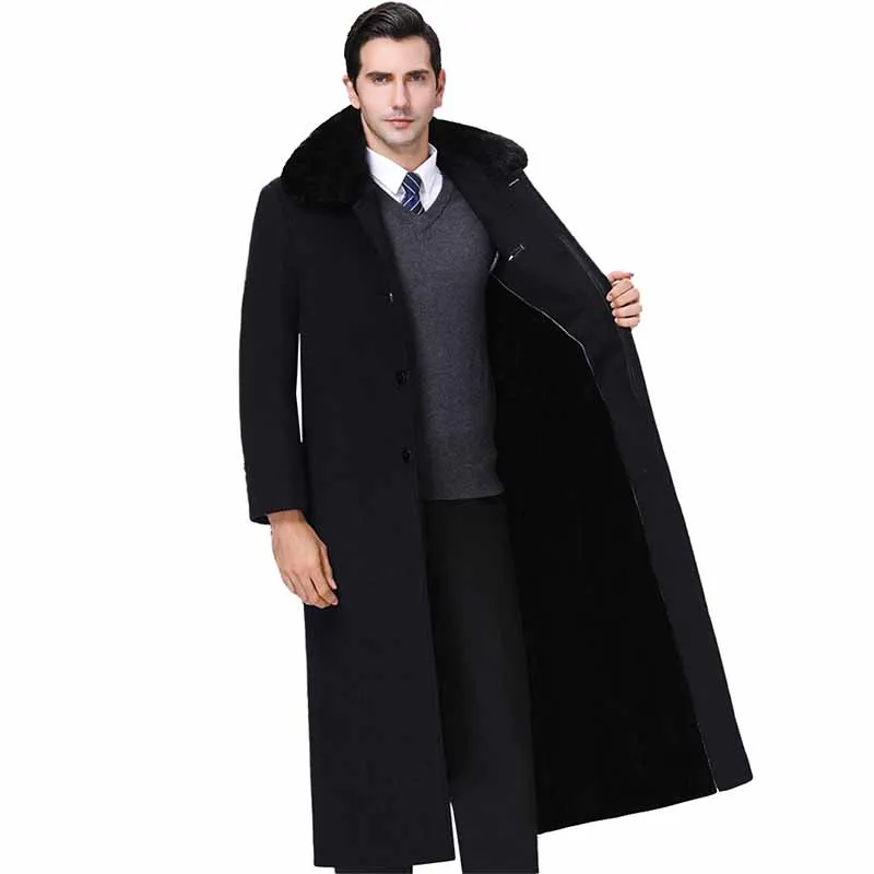 

High quality Plus size 4XL Woolen Coat Men's X-Long Rex rabbit fur collar Wool Blends Jackets Male Thick flocking Outerwear G352