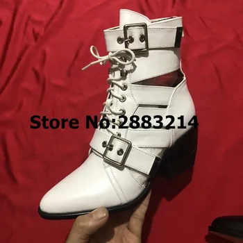 

Original Leather Cut-outs Rome Designed Buckle Strap Ankle Boots Women Lace Up Motorcycle Boots Spring Autumn Lady High Heels