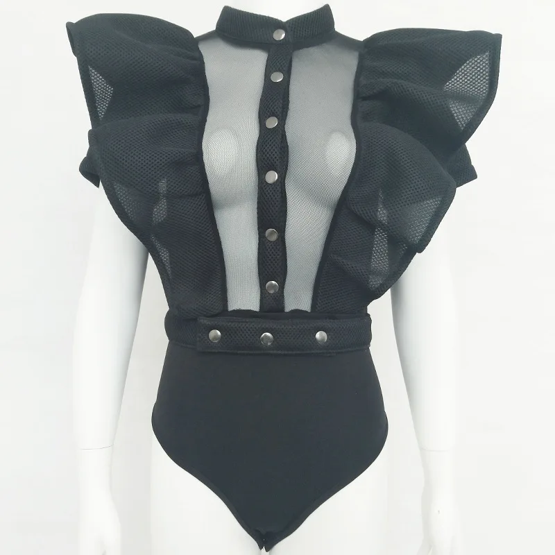 high quality Ruffles Bodysuit Women Hollow Out knitted Rompers Sexy jumpsuit Mesh Bodycon Overalls 