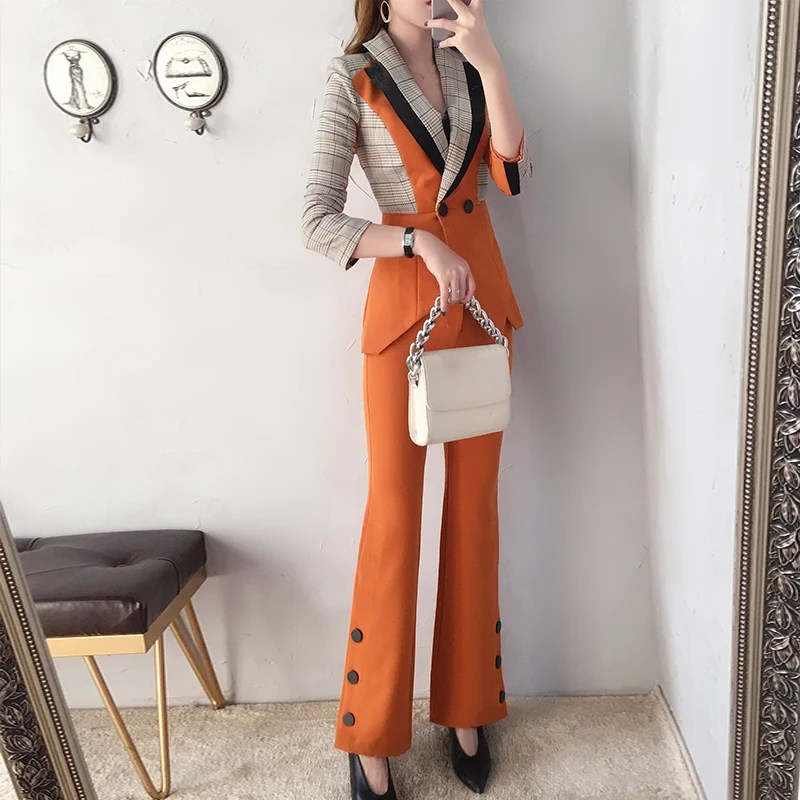 

British style women's Blazers pant suits new women's Suits Sets office lady Work Wear Sets fashion Plaid suit & pants two-piece