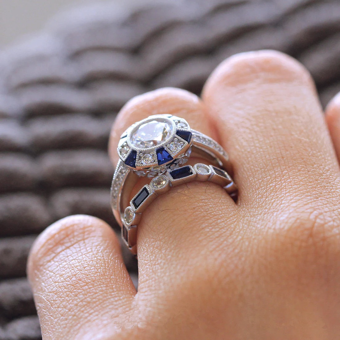 Fashion 2pcs/Set Luxury Blue Wedding Ring For Woman Silver Plating Zircon Ring Jewelry