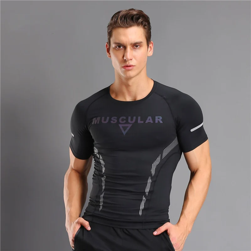 Новая летняя футболка для бега, мужская спортивная футболка с коротким рукавом, эластичная быстросохнущая футболка для фитнеса, бодибилдинга, Теннисный футбол, Джерси - Цвет: black t shirt