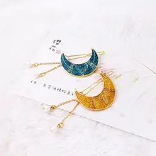 Женская заколка для волос с геометрическим рисунком полумесяца, искусственный жемчуг, кисточки, подвеска, заколки для волос, Блестящие Блестки, металлический сплав, зажим для конского хвоста, заколки