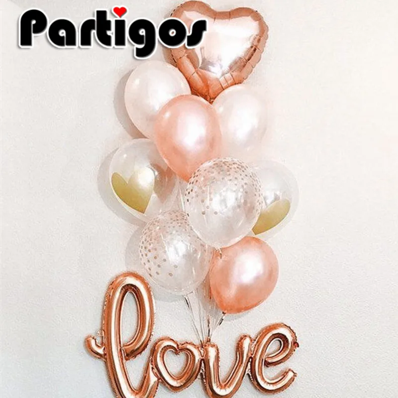 

10pcs Large Rose Gold Link Love Balloon 12 Inch Transparent Confetti balloon Heart Helium Globos Wedding baby Party Decor ball