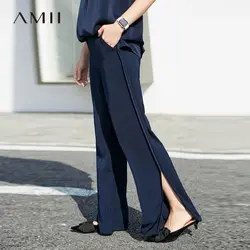 Amii для женщин Минималистский широкие брюки 2019 шифон разрезы оборками Высокая талия плиссированные женские мотобрюки
