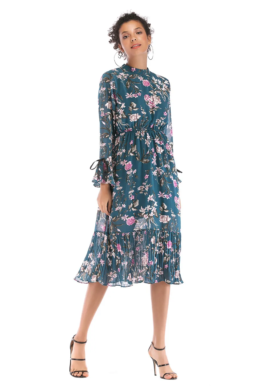 Gladiolus Floral Print Spring Autumn Women Dress 2019 O-Neck Lace Up Flare Sleeve Tunic Chiffon Dress Women Midi Party Dresses (19)